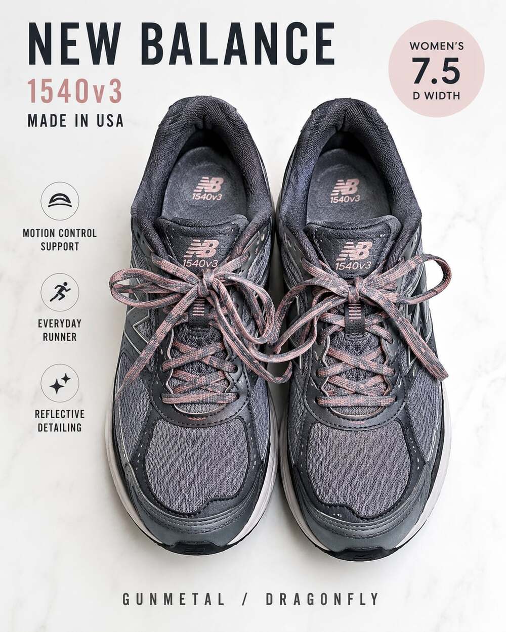New Balance Women's 1540v3 Made in USA Running Shoes Gunmetal Dragonfly Size 7.5